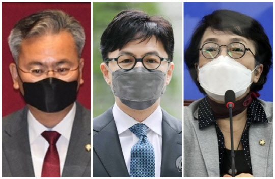 (왼쪽부터) 유상범 국민의힘 의원, 한동훈 사법연수원 부원장(검사장), 김진애 전 열린민주당 의원. <연합뉴스>